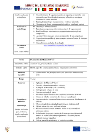 tarefas realizadas
pelos alunos
➢ Reconhecimento de algumas medidas de segurança ao trabalhar com
computadores e identificação de sistemas informáticos através de
determinados ritmos musicais
➢ Realização de diálogos musicais sobre o conteúdo lecionado.
➢ Montagem de alguns componentes informáticos com fundo musical
Avaliação da
metodologia
❖ Observação direta dos alunos
❖ Reconhecercomponentes informáticos através de jogos musicais
❖ Realizar diálogos musicais sobre componentes e estrutura de um
computador
❖ Associar ritmos musicais com os componentes de um computador
❖ Reconhecer de medidas de segurança para um uso eficiente de sistemas
informáticos
❖ Preenchimento das fichas de avaliação
Documentos
visuais:
fotos, vídeos e links
http://musicislifelonglearning.weebly.com/
Título Documentos do Microsoft Word
Idade/faixa etária Alunos:6º ano, 2º ciclo; idades: 12 anos
Domínio Geral Identificação dos sistemas de informação em contextos específicos
Domínio
Específico
➢ Conhecimento dos princípios básico dos aplicativos para edição de
texto
Tempo 4 horas
Recursos o Aplicativo do Microsoft Word
o Internet; rede de computadores escolares
o Cannções do You tube (Lar - sorridente)
o Retroprojetor, colunas de som
o Instrumento musical: piano
o Escrita de alguns versos de uma canção no documento do Word
o Fichas de trabalho com a lista dos itens do Menu Iniciar
Descrição da
Atividade
Metodologia,
Tarefas realizadas
pelo professor,
tarefas realizadas
pelos alunos
➢ Apresentação dos elementos básicos do documento do Word através de
canções
➢ Demonstração do uso de edição de texto com fundo musical
➢ Debate interactivo entre professor/ alunos
➢ Reconhecimento dos itens do Menu Iniciar no Microsoft Word
utilizando músicas
➢ Trabalhar em grupo para elaboração de uma apresentação textual
editado de acordo com as tarefas propostas e rodeados por um
ambiente musical específico
➢ Edição textual de acordo com os requisitos exigidos
 