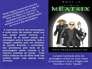 Nesta imagem é possível encontrar algumas semelhanças com a capa do filme The Matrix, no que toca à expressão facial dos “actores”, no vestuário e na forma de apresentação do nome e das personagens. A expressão facial das personagens é muito séria. No entanto, ainda que isso possa querer insinuar  a intenção de se querer passar uma mensagem séria e importante, toda a imagem contribui para um ambiente de grande diversão e comicidade. Isto percebe-se pelo facto de as personagens serem animais e de estarem ausentes as armas.  Tudo indica tratar-se de um filme onde não existirá acção, mas apenas muita diversão. A própria iluminação atrás das personagens confere um maior realce às personagens e torna a imagem mais divertida e menos ”pesada”.  