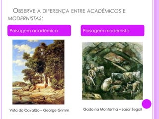    Observe a diferença entre acadêmicos e modernistas:Paisagem acadêmicaPaisagem modernista Gado na Montanha – Lasar SegallVista do Cavalão – George Grimm