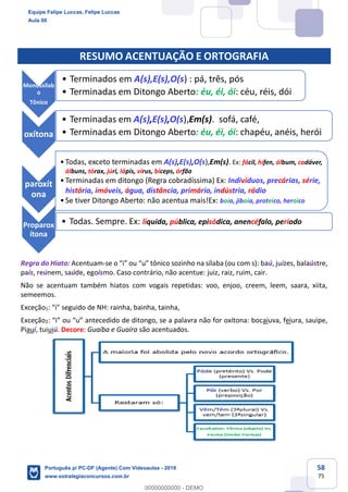 58
75
RESUMO ACENTUAÇÃO E ORTOGRAFIA
Regra do Hiato: Acentuam-se o “i” ou “u” tônico sozinho na sílaba (ou com s): baú, juízes, balaústre,
país, reúnem, saúde, egoísmo. Caso contrário, não acentue: juiz, raiz, ruim, cair.
Não se acentuam também hiatos com vogais repetidas: voo, enjoo, creem, leem, saara, xiita,
semeemos.
Exceção1: “i” seguido de NH: rainha, bainha, tainha,
Exceção2: “i” ou “u” antecedido de ditongo, se a palavra não for oxítona: bocaiuva, feiura, sauipe,
Piauí, tuiuiú. Decore: Guaíba e Guaíra são acentuados.
Monossílab
o
Tônico
• Terminados em A(s),E(s),O(s) : pá, três, pós
• Terminadas em Ditongo Aberto: éu, éi, ói: céu, réis, dói
oxítona
• Terminadas em A(s),E(s),O(s),Em(s). sofá, café,
• Terminadas em Ditongo Aberto: éu, éi, ói: chapéu, anéis, herói
paroxít
ona
•Todas, exceto terminadas em A(s),E(s),O(s),Em(s). Ex: fácil, hífen, álbum, cadáver,
álbuns, tórax, júri, lápis, vírus, bíceps, órfão
•Terminadas em ditongo (Regra cobradíssima) Ex: Indivíduos, precárias, série,
história, imóveis, água, distância, primário, indústria, rádio
•Se tiver Ditongo Aberto: não acentua mais!Ex: boia, jiboia, proteico, heroico
Proparox
ítona
• Todas. Sempre. Ex: líquida, pública, episódica, anencéfalo, período
Equipe Felipe Luccas, Felipe Luccas
Aula 00
Português p/ PC-DF (Agente) Com Videoaulas - 2019
www.estrategiaconcursos.com.br
0
00000000000 - DEMO
 