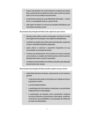 • troque impressões com outros leitores a respeito dos textos 
lidos, posicionando-se diante da crítica, tanto a partir do próprio 
texto como de sua prática enquanto leitor; 
• compreenda a leitura em suas diferentes dimensões – o dever 
de ler, a necessidade de ler e o prazer de ler; 
• seja capaz de aderir ou recusar as posições ideológicas que 
reconheça nos textos que lê. 
No processo de produção de textos orais, espera-se que o aluno: 
• planeje a fala pública usando a linguagem escrita em função 
das exigências da situação e dos objetivos estabelecidos; 
• considere os papéis assumidos pelos participantes, ajustando 
o texto à variedade lingüística adequada; 
• saiba utilizar e valorizar o repertório lingüístico de sua 
comunidade na produção de textos; 
• monitore seu desempenho oral, levando em conta a intenção 
comunicativa e a reação dos interlocutores e reformulando o 
planejamento prévio, quando necessário; 
• considere possíveis efeitos de sentido produzidos pela utilização 
51 
de elementos não-verbais. 
No processo de produção de textos escritos, espera-se que o aluno: 
• redija diferentes tipos de textos, estruturando-os de maneira a 
garantir: 
* a relevância das partes e dos tópicos em relação ao tema e 
propósitos do texto; 
* a continuidade temática; 
* a explicitação de informações contextuais ou de premissas 
indispensáveis à interpretação; 
* a explicitação de relações entre expressões mediante 
recursos lingüísticos apropriados (retomadas, anáforas, 
conectivos), que possibilitem a recuperação da referência 
por parte do destinatário; 
 