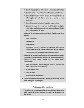 * de seleção apropriada do léxico em função do eixo temático; 
* de manutenção do paralelismo sintático e/ou semântico; 
* de suficiência (economia) e relevância dos tópicos e 
informações em relação ao tema e ao ponto de vista 
assumido; 
* de avaliação da orientação e força dos argumentos; 
* de propriedade dos recursos lingüísticos (repetição, 
retomadas, anáforas, conectivos) na expressão da relação 
entre constituintes do texto; 
• utilização de marcas de segmentação em função do projeto 
textual: 
* título e subtítulo; 
* paragrafação; 
* periodização; 
* pontuação (ponto, vírgula, ponto-e-vírgula, dois-pontos, 
ponto-de-exclamação, ponto-de-interrogação, reticências); 
* outros sinais gráficos (aspas, travessão, parênteses); 
• utilização de recursos gráficos orientadores da interpretação 
do interlocutor, possíveis aos instrumentos empregados no 
registro do texto (lápis, caneta, máquina de escrever, 
computador): 
* fonte (tipo de letra, estilo – negrito, itálico –, tamanho da 
letra, sublinhado, caixa alta, cor); 
* divisão em colunas; 
* caixa de texto; 
* marcadores de enumeração; 
• utilização dos padrões da escrita em função do projeto textual 
e das condições de produção. 
Prática de análise lingüística 
• Reconhecimento das características dos diferentes gêneros de 
texto, quanto ao conteúdo temático, construção composicional 
e ao estilo: 
59 
 
