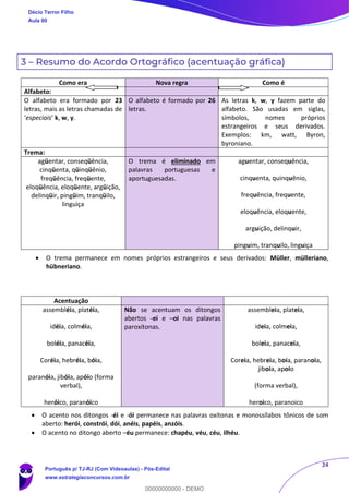 24
3 – Resumo do Acordo Ortográfico (acentuação gráfica)
Como era Nova regra Como é
Alfabeto:
O alfabeto era formado por 23
letras, mais as letras chamadas de
‘especiais’ k, w, y.
O alfabeto é formado por 26
letras.
As letras k, w, y fazem parte do
alfabeto. São usadas em siglas,
símbolos, nomes próprios
estrangeiros e seus derivados.
Exemplos: km, watt, Byron,
byroniano.
Trema:
agüentar, conseqüência,
cinqüenta, qüinqüênio,
freqüência, freqüente,
eloqüência, eloqüente, argüição,
delinqüir, pingüim, tranqüilo,
linguiça
O trema é eliminado em
palavras portuguesas e
aportuguesadas.
aguentar, consequência,
cinquenta, quinquênio,
frequência, frequente,
eloquência, eloquente,
arguição, delinquir,
pinguim, tranquilo, linguiça
• O trema permanece em nomes próprios estrangeiros e seus derivados: Müller, mülleriano,
hübneriano.
Acentuação
assembléia, platéia,
idéia, colméia,
boléia, panacéia,
Coréia, hebréia, bóia,
paranóia, jibóia, apóio (forma
verbal),
heróico, paranóico
Não se acentuam os ditongos
abertos -ei e –oi nas palavras
paroxítonas.
assembleia, plateia,
ideia, colmeia,
boleia, panaceia,
Coreia, hebreia, boia, paranoia,
jiboia, apoio
(forma verbal),
heroico, paranoico
• O acento nos ditongos -éi e -ói permanece nas palavras oxítonas e monossílabos tônicos de som
aberto: herói, constrói, dói, anéis, papéis, anzóis.
• O acento no ditongo aberto –éu permanece: chapéu, véu, céu, ilhéu.
Décio Terror Filho
Aula 00
Português p/ TJ-RJ (Com Videoaulas) - Pós-Edital
www.estrategiaconcursos.com.br
0
00000000000 - DEMO
 
