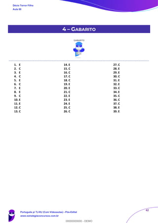 42
4 – GABARITO
1. E
2. C
3. E
4. C
5. E
6. C
7. E
8. E
9. C
10. E
11. E
12. C
13. C
14. E
15. C
16. C
17. C
18. C
19. E
20. E
21. C
22. E
23. E
24. E
25. C
26. C
27. C
28. E
29. E
30. C
31. E
32. E
33. C
34. E
35. C
36. C
37. C
38. E
39. E
Décio Terror Filho
Aula 00
Português p/ TJ-RJ (Com Videoaulas) - Pós-Edital
www.estrategiaconcursos.com.br
0
00000000000 - DEMO
 