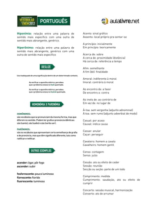 Hiponímia: relação entre uma palavra de
sentido mais específico com uma outra de
sentido mais abrangente, genérico.
Hiperônimo: relação entre uma palavra de
sentido mais abrangente, genérico com uma
outra de sentido mais específico
Acento: sinal gráfico
Assento: local próprio pra sentar-se
A princípio: inicialmente
Em princípio: teoricamente
Acerca de: sobre
A cerca de: proximidade (distância)
Há cerca de: referência a tempo
Afim: semelhante
A fim (de): finalidade
Amoral: indiferente à moral
Imoral: contrário à moral
Ao encontro de: a favor
De encontro a: contra
Ao invés de: ao contrário de
Em vez de: no lugar de
À-toa: sem vergonha (adjunto adnominal)
À toa: sem rumo (adjunto adverbial de modo)
Casual: por acaso
Causal: indica causa
Cassar: anular
Caçar: perseguir
Cavaleiro: homem a cavalo
Cavalheiro: homem gentil
Censo: contagem
Senso: juízo
Cessão: ato ou efeito de ceder
Sessão: reunião
Secção ou seção: parte de um todo
Comprimento: medida
Cumprimento: saudação, ato ou efeito de
cumprir
Concerto: sessão musical, harmonização
Conserto: ato de arrumar
 