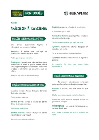 Aula 07
Uma oração Subordinada Adjetiva é
introduzida por pronome relativo.
Restritiva: é aquela que restringe ou
particulariza o nome a que se refere.
Pedra que rola não cria limo.
Explicativa: é aquela que não restringe nem
particulariza o nome a que se refere. Indica
uma propriedade pressuposta como pertinente
a todos os elementos do conjunto a que se
refere.
A pedra, que é dura, resiste ao tempo.
Subjetiva: exerce a função de sujeito do verbo
da oração principal.
É bom que você estude.
Objetiva Direta: exerce a função de objeto
direto da oração principal.
Desejo que você passe.
Objetiva indireta: exerce a função de objeto
indireto do verbo principal.
Necessitamos de que você saia.
Predicativa: exerce a função de predicativo.
A verdade é que te amo.
Completiva Nominal: desempenha a função de
complemento nominal.
Tenho necessidade de que você me ame.
Apositiva: desempenha a função de aposto em
relação a um nome.
Só te faço um pedido: que venhas logo.
Agente da Passiva: exerce função de agente da
passiva.
O trabalho foi feito por quem tinha
competência.
As orações subordinadas adverbiais
desempenham a função de adjunto adverbial.
CAUSAIS - porque, visto que, uma vez que,
como
Ela faz sucesso porque é muito inteligente.
Como era muito esperto, sempre achava um
jeitinho de escapar.
CONDICIONAIS - se, caso, a menos que, a não
ser que, desde que
Irei à festa, se vierem me buscar de carro em
casa.
 