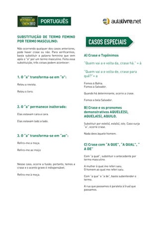 SUBSTITUIÇÃO DE TERMO FEMINO
POR TERMO MASCULINO:
Não ocorrendo qualquer dos casos anteriores,
pode haver crase ou não. Para verificarmos,
basta substituir a palavra feminina que vem
após o "a" por um termo masculino. Feita essa
substituição, três coisas podem acontecer:
1. O “a” transforma-se em “o":
Releu a revista.
Releu o livro.
2. O “a” permanece inalterado:
Elas estavam cara a cara.
Elas estavam lado a lado.
3. O “a” transforma-se em “ao”:
Refiro-me a moça.
Refiro-me ao moço
Nesse caso, ocorre a fusão; portanto, temos a
crase e o acento grave é indispensável.
Refiro-me à moça.
A) Crase e Topônimos
“Quem vai a e volta da, crase há.” = à
“Quem vai a e volta de, crase para
quê?”= a
Fomos à Bahia.
Fomos a Salvador.
Quando há determinante, ocorre a crase.
Fomos a bela Salvador.
B) Crase e os pronomes
demonstrativos AQUELE(S),
AQUELA(S), AQUILO.
Substituir por este(s), esta(s), isto. Caso surja
“a”, ocorre crase.
Nada devo àquele homem.
C) Crase com “A QUE”, “A QUAL”, “
A DE”
Com “a qual”, substituir o antecedente por
termo masculino.
A mulher à qual me referi saiu.
O homem ao qual me referi saiu.
Com “a que” e “a de”, basta subentender o
termo.
A rua que passamos é paralela à (rua) que
passamos.
 