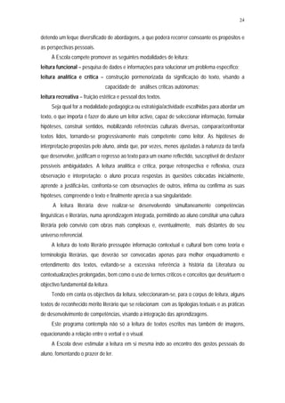 24


detendo um leque diversificado de abordagens, a que poderá recorrer consoante os propósitos e
as perspectivas pessoais.
     À Escola compete promover as seguintes modalidades de leitura:
leitura funcional – pesquisa de dados e informações para solucionar um problema específico;
leitura analítica e crítica – construção pormenorizada da significação do texto, visando a
                               capacidade de análises críticas autónomas;
leitura recreativa – fruição estética e pessoal dos textos.
     Seja qual for a modalidade pedagógica ou estratégia/actividade escolhidas para abordar um
texto, o que importa é fazer do aluno um leitor activo, capaz de seleccionar informação, formular
hipóteses, construir sentidos, mobilizando referências culturais diversas, comparar/confrontar
textos lidos, tornando-se progressivamente mais competente como leitor. As hipóteses de
interpretação propostas pelo aluno, ainda que, por vezes, menos ajustadas à natureza da tarefa
que desenvolve, justificam o regresso ao texto para um exame reflectido, susceptível de desfazer
possíveis ambiguidades. A leitura analítica e crítica, porque retrospectiva e reflexiva, cruza
observação e interpretação: o aluno procura respostas às questões colocadas inicialmente,
aprende a justificá-las, confronta-se com observações de outros, infirma ou confirma as suas
hipóteses, compreende o texto e finalmente aprecia a sua singularidade.
      A leitura literária deve realizar-se desenvolvendo simultaneamente competências
linguísticas e literárias, numa aprendizagem integrada, permitindo ao aluno constituir uma cultura
literária pelo convívio com obras mais complexas e, eventualmente, mais distantes do seu
universo referencial.
     A leitura do texto literário pressupõe informação contextual e cultural bem como teoria e
terminologia literárias, que deverão ser convocadas apenas para melhor enquadramento e
entendimento dos textos, evitando-se a excessiva referência à história da Literatura ou
contextualizações prolongadas, bem como o uso de termos críticos e conceitos que desvirtuem o
objectivo fundamental da leitura.
     Tendo em conta os objectivos da leitura, seleccionaram-se, para o corpus de leitura, alguns
textos de reconhecido mérito literário que se relacionam com as tipologias textuais e as práticas
de desenvolvimento de competências, visando a integração das aprendizagens.
     Este programa contempla não só a leitura de textos escritos mas também de imagens,
equacionando a relação entre o verbal e o visual.
     A Escola deve estimular a leitura em si mesma indo ao encontro dos gostos pessoais do
aluno, fomentando o prazer de ler.
 