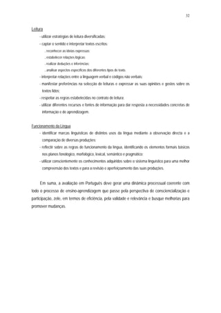 32


Leitura
    - utilizar estratégias de leitura diversificadas;
    - captar o sentido e interpretar textos escritos:
          . reconhecer as ideias expressas;
          . estabelecer relações lógicas;
          . realizar deduções e inferências;
          . analisar aspectos específicos dos diferentes tipos de texto.
    - interpretar relações entre a linguagem verbal e códigos não verbais;
    - manifestar preferências na selecção de leituras e expressar as suas opiniões e gostos sobre os
      textos lidos;
    - respeitar as regras estabelecidas no contrato de leitura;
    - utilizar diferentes recursos e fontes de informação para dar resposta a necessidades concretas de
      informação e de aprendizagem.


Funcionamento da Língua
    - identificar marcas linguísticas de distintos usos da língua mediante a observação directa e a
      comparação de diversas produções;
    - reflectir sobre as regras de funcionamento da língua, identificando os elementos formais básicos
      nos planos fonológico, morfológico, lexical, semântico e pragmático;
    - utilizar conscientemente os conhecimentos adquiridos sobre o sistema linguístico para uma melhor
      compreensão dos textos e para a revisão e aperfeiçoamento das suas produções.


     Em suma, a avaliação em Português deve gerar uma dinâmica processual coerente com
todo o processo de ensino-aprendizagem que passe pela perspectiva de consciencialização e
participação, zele, em termos de eficiência, pela validade e relevância e busque melhorias para
promover mudanças.
 