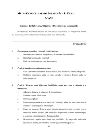 20
METAS CURRICULARES DE PORTUGUÊS – 1.º CICLO
3.º ANO
Domínios de Referência, Objetivos e Descritores de Desempenho
Os objetivos e descritores indicados em cada ano de escolaridade são obrigatórios. Sempre
que necessário, devem continuar a ser mobilizados em anos subsequentes.
___________________________________________________________________________
Oralidade O3
1. Escutar para aprender e construir conhecimentos.
1. Descobrir pelo contexto o significado de palavras desconhecidas.
2. Identificar informação essencial.
3. Pedir esclarecimentos acerca do que ouviu.
2. Produzir um discurso oral com correção.
1. Usar a palavra com um tom de voz audível, boa articulação e ritmo adequados.
2. Mobilizar vocabulário cada vez mais variado e estruturas frásicas cada vez
mais complexas.
3. Produzir discursos com diferentes finalidades, tendo em conta a situação e o
interlocutor.
1. Adaptar o discurso às situações de comunicação.
2. Recontar, contar e descrever.
3. Informar, explicar.
4. Fazer uma apresentação oral (cerca de 3 minutos) sobre um tema, com recurso
eventual a tecnologias de informação.
5. Fazer um pequeno discurso com intenção persuasiva (por exemplo, com o
exercício “mostra e conta”: por solicitação do professor, o aluno traz um objeto
e apresenta à turma as razões da sua escolha).
6. Desempenhar papéis específicos em atividades de expressão orientada,
respeitando o tema, retomando o assunto e justificando opiniões.
 