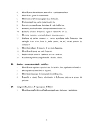 26
4. Identificar os determinantes possessivos e os demonstrativos.
5. Identificar o quantificador numeral.
6. Identificar advérbios de negação e de afirmação.
7. Distinguir palavras variáveis de invariáveis.
8. Reconhecer masculinos e femininos de radical diferente.
9. Formar o plural dos nomes e adjetivos terminados em -ão.
10. Formar o feminino de nomes e adjetivos terminados em -ão.
11. Flexionar pronomes pessoais (número, género e pessoa).
12. Conjugar os verbos regulares e verbos irregulares mais frequentes (por
exemplo, dizer, estar, fazer, ir, poder, querer, ser, ter, vir) no presente do
indicativo.
13. Identificar radicais de palavras de uso mais frequente.
14. Identificar afixos de uso mais frequente.
15. Produzir novas palavras a partir de sufixos e prefixos.
16. Reconhecer palavras que pertencem à mesma família.
28. Analisar e estruturar unidades sintáticas.
1. Identificar os seguintes tipos de frase: declarativa, interrogativa e exclamativa.
2. Distinguir frase afirmativa de negativa.
3. Identificar marcas do discurso direto no modo escrito.
4. Expandir e reduzir frases, substituindo e deslocando palavras e grupos de
palavras.
29. Compreender formas de organização do léxico.
1. Identificar relações de significado entre palavras: sinónimos e antónimos.
 