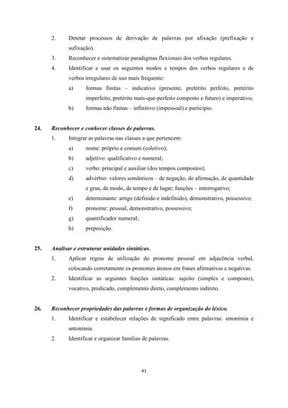 41
2. Detetar processos de derivação de palavras por afixação (prefixação e
sufixação).
3. Reconhecer e sistematizar paradigmas flexionais dos verbos regulares.
4. Identificar e usar os seguintes modos e tempos dos verbos regulares e de
verbos irregulares de uso mais frequente:
a) formas finitas – indicativo (presente, pretérito perfeito, pretérito
imperfeito, pretérito mais-que-perfeito composto e futuro) e imperativo;
b) formas não finitas – infinitivo (impessoal) e particípio.
24. Reconhecer e conhecer classes de palavras.
1. Integrar as palavras nas classes a que pertencem:
a) nome: próprio e comum (coletivo);
b) adjetivo: qualificativo e numeral;
c) verbo: principal e auxiliar (dos tempos compostos);
d) advérbio: valores semânticos – de negação, de afirmação, de quantidade
e grau, de modo, de tempo e de lugar; funções – interrogativo;
e) determinante: artigo (definido e indefinido), demonstrativo, possessivo;
f) pronome: pessoal, demonstrativo, possessivo;
g) quantificador numeral;
h) preposição.
25. Analisar e estruturar unidades sintáticas.
1. Aplicar regras de utilização do pronome pessoal em adjacência verbal,
colocando corretamente os pronomes átonos em frases afirmativas e negativas.
2. Identificar as seguintes funções sintáticas: sujeito (simples e composto),
vocativo, predicado, complemento direto, complemento indireto.
26. Reconhecer propriedades das palavras e formas de organização do léxico.
1. Identificar e estabelecer relações de significado entre palavras: sinonímia e
antonímia.
2. Identificar e organizar famílias de palavras.
 