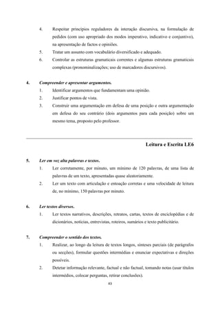 43
4. Respeitar princípios reguladores da interação discursiva, na formulação de
pedidos (com uso apropriado dos modos imperativo, indicativo e conjuntivo),
na apresentação de factos e opiniões.
5. Tratar um assunto com vocabulário diversificado e adequado.
6. Controlar as estruturas gramaticais correntes e algumas estruturas gramaticais
complexas (pronominalizações; uso de marcadores discursivos).
4. Compreender e apresentar argumentos.
1. Identificar argumentos que fundamentam uma opinião.
2. Justificar pontos de vista.
3. Construir uma argumentação em defesa de uma posição e outra argumentação
em defesa do seu contrário (dois argumentos para cada posição) sobre um
mesmo tema, proposto pelo professor.
___________________________________________________________________________
Leitura e Escrita LE6
5. Ler em voz alta palavras e textos.
1. Ler corretamente, por minuto, um mínimo de 120 palavras, de uma lista de
palavras de um texto, apresentadas quase aleatoriamente.
2. Ler um texto com articulação e entoação corretas e uma velocidade de leitura
de, no mínimo, 150 palavras por minuto.
6. Ler textos diversos.
1. Ler textos narrativos, descrições, retratos, cartas, textos de enciclopédias e de
dicionários, notícias, entrevistas, roteiros, sumários e texto publicitário.
7. Compreender o sentido dos textos.
1. Realizar, ao longo da leitura de textos longos, sínteses parciais (de parágrafos
ou secções), formular questões intermédias e enunciar expectativas e direções
possíveis.
2. Detetar informação relevante, factual e não factual, tomando notas (usar títulos
intermédios, colocar perguntas, retirar conclusões).
 