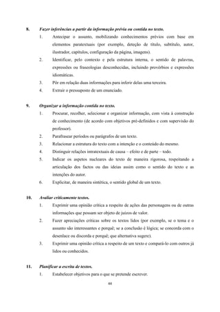 44
8. Fazer inferências a partir da informação prévia ou contida no texto.
1. Antecipar o assunto, mobilizando conhecimentos prévios com base em
elementos paratextuais (por exemplo, deteção de título, subtítulo, autor,
ilustrador, capítulos, configuração da página, imagens).
2. Identificar, pelo contexto e pela estrutura interna, o sentido de palavras,
expressões ou fraseologias desconhecidas, incluindo provérbios e expressões
idiomáticas.
3. Pôr em relação duas informações para inferir delas uma terceira.
4. Extrair o pressuposto de um enunciado.
9. Organizar a informação contida no texto.
1. Procurar, recolher, selecionar e organizar informação, com vista à construção
de conhecimento (de acordo com objetivos pré-definidos e com supervisão do
professor).
2. Parafrasear períodos ou parágrafos de um texto.
3. Relacionar a estrutura do texto com a intenção e o conteúdo do mesmo.
4. Distinguir relações intratextuais de causa – efeito e de parte – todo.
5. Indicar os aspetos nucleares do texto de maneira rigorosa, respeitando a
articulação dos factos ou das ideias assim como o sentido do texto e as
intenções do autor.
6. Explicitar, de maneira sintética, o sentido global de um texto.
10. Avaliar criticamente textos.
1. Exprimir uma opinião crítica a respeito de ações das personagens ou de outras
informações que possam ser objeto de juízos de valor.
2. Fazer apreciações críticas sobre os textos lidos (por exemplo, se o tema e o
assunto são interessantes e porquê; se a conclusão é lógica; se concorda com o
desenlace ou discorda e porquê; que alternativa sugere).
3. Exprimir uma opinião crítica a respeito de um texto e compará-lo com outros já
lidos ou conhecidos.
11. Planificar a escrita de textos.
1. Estabelecer objetivos para o que se pretende escrever.
 