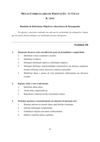 56
METAS CURRICULARES DE PORTUGUÊS – 3.º CICLO
8.º ANO
Domínios de Referência, Objetivos e Descritores de Desempenho
Os objetivos e descritores indicados em cada ano de escolaridade são obrigatórios. Sempre
que necessário, devem continuar a ser mobilizados em anos subsequentes.
___________________________________________________________________________
Oralidade O8
1. Interpretar discursos orais com diferentes graus de formalidade e complexidade.
1. Identificar o tema e explicitar o assunto.
2. Identificar os tópicos.
3. Distinguir informação objetiva e informação subjetiva.
4. Distinguir diferentes intencionalidades comunicativas em diversas sequências
textuais (informar, narrar, descrever, explicar e persuadir).
5. Manifestar ideias e pontos de vista pertinentes relativamente aos discursos
ouvidos.
2. Registar, tratar e reter a informação.
1. Identificar ideias-chave.
2. Tomar notas, organizando-as.
3. Reproduzir o material ouvido, recorrendo à síntese.
3. Participar oportuna e construtivamente em situações de interação oral.
1. Retomar, precisar ou resumir ideias, para facilitar a interação.
2. Solicitar informação complementar.
3. Estabelecer relações com outros conhecimentos.
4. Debater e justificar ideias e opiniões.
 