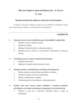 63
METAS CURRICULARES DE PORTUGUÊS – 3.º CICLO
9.º ANO
Domínios de Referência, Objetivos e Descritores de Desempenho
Os objetivos e descritores indicados em cada ano de escolaridade são obrigatórios. Sempre
que necessário, devem continuar a ser mobilizados em anos subsequentes.
___________________________________________________________________________
Oralidade O9
1. Interpretar discursos orais com diferentes graus de formalidade e complexidade.
1. Identificar o tema e explicitar o assunto.
2. Identificar os tópicos.
3. Distinguir informação objetiva e informação subjetiva.
4. Manifestar ideias e pontos de vista pertinentes relativamente aos discursos
ouvidos.
2. Consolidar processos de registo e tratamento de informação.
1. Identificar ideias-chave.
2. Reproduzir o material ouvido recorrendo à síntese.
3. Participar oportuna e construtivamente em situações de interação oral.
1. Retomar, precisar ou resumir ideias, para facilitar a interação.
2. Estabelecer relações com outros conhecimentos.
3. Debater e justificar ideias e opiniões.
4. Considerar pontos de vista contrários e reformular posições.
4. Produzir textos orais corretos, usando vocabulário e estruturas gramaticais
diversificados e recorrendo a mecanismos de organização e de coesão discursiva.
1. Planificar o texto oral a apresentar, elaborando tópicos a seguir na
apresentação.
 