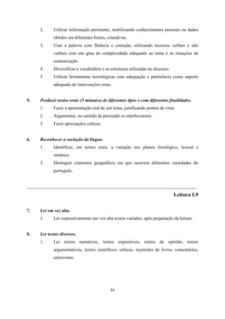 64
2. Utilizar informação pertinente, mobilizando conhecimentos pessoais ou dados
obtidos em diferentes fontes, citando-as.
3. Usar a palavra com fluência e correção, utilizando recursos verbais e não
verbais com um grau de complexidade adequado ao tema e às situações de
comunicação.
4. Diversificar o vocabulário e as estruturas utilizadas no discurso.
5. Utilizar ferramentas tecnológicas com adequação e pertinência como suporte
adequado de intervenções orais.
5. Produzir textos orais (5 minutos) de diferentes tipos e com diferentes finalidades.
1. Fazer a apresentação oral de um tema, justificando pontos de vista.
2. Argumentar, no sentido de persuadir os interlocutores.
3. Fazer apreciações críticas.
6. Reconhecer a variação da língua.
1. Identificar, em textos orais, a variação nos planos fonológico, lexical e
sintático.
2. Distinguir contextos geográficos em que ocorrem diferentes variedades do
português.
___________________________________________________________________________
Leitura L9
7. Ler em voz alta.
1. Ler expressivamente em voz alta textos variados, após preparação da leitura.
8. Ler textos diversos.
1. Ler textos narrativos, textos expositivos, textos de opinião, textos
argumentativos, textos científicos, críticas, recensões de livros, comentários,
entrevistas.
 