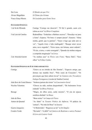 80
Ilse Losa O Mundo em que Vivi
Álvaro Magalhães O Último dos Grimm
Vasco Graça Moura Os Lusíadas para Gente Nova
ESCOLHER 8 POEMAS
1 de Sá de Miranda Cantiga “Comigo me desavim”; "O Sol é grande, caem co'a
calma as aves" in Obras Completas
5 de Luís de Camões Redondilhas: “Endechas a Bárbara escrava”, “Descalça vai para
a fonte”; Esparsa: “Os bons vi sempre passar”; Sonetos: “Alma
minha, gentil, que te partiste”, “Amor é fogo que arde sem se
ver”, “Aquela triste e leda madrugada”, “Busque amor novas
artes, novo engenho”, “Erros meus, má fortuna, amor ardente”,
“O céu, a terra, o vento sossegado“, “Quando de minhas mágoas
a comprida imaginação” in Lírica
2 de Almeida Garrett “As minhas asas” in Flores sem Fruto; “Barca Bela”, “Seus
olhos” in Folhas Caídas
ESCOLHER 8 POEMAS DE 8 AUTORES DIFERENTES
Cantiga “Estava eu na ermida de São Simeão”, “Ergue-te amigo, que
dormes nas manhãs frias”, “Pelo souto de Crescente”, “Os
provençais que bem sabem trovar” in Cantares dos Trovadores
Galego-Portugueses (versão de Natália Correia)
João Roiz de Castel Branco “Senhora partem tão tristes” in Cancioneiro Geral
Nicolau Tolentino “Chaves na mão, melena desgrenhada”, “De bolorentos livros
rodeado” in Obras Poéticas
Bocage “Magro, de olhos azuis, carão moreno”, “O céu de opacas
sombras abafado” in Rimas
João de Deus “Boas noites” in Campo de Flores
Antero de Quental “As fadas” in Tesouro Poético da Infância; “O palácio da
ventura”, “Na mão de Deus” in Sonetos
Guerra Junqueiro “A Moleirinha”, “Regresso ao lar” in Os Simples
Cesário Verde “De tarde”, “A débil” in Cânticos do Realismo e outros Poemas/
O Livro de Cesário Verde
 