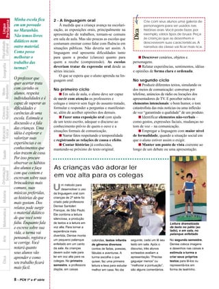 Minha escola fica       2 - A linguagem oral
            Portuguesa


                                                                                                                                 Crie com seus alunos uma galeria de
                         em um povoado
              Língua




                                                     À medida que a criança avança na escolari-                                  personagens para ser usados nas
                         no Maranhão.            zação, as exposições orais, principalmente na




                                                                                                                          Dica
                                                                                                                                 histórias orais. Você pode fazer, por
                                                 apresentação de trabalhos, tornam-se comuns                                     exemplo, vários tipos de bruxa. Peça
                         Não temos livros
                                                 em sala de aula. Mas são poucas as escolas que                                  às crianças que as desenhem e
                         didáticos nem
Pluralidade




                                                 costumam ensinar como falar com fluência em                                     descreverem suas características. A
  Cultural




                         outro material.         situações públicas. Não deveria ser assim. A                                    narrativa da classe vai ficar mais rica.
                         Como posso              linguagem oral apresenta dificuldades tanto
                         melhorar o              para quem a produz (clareza) quanto para                                   s Descrever cenários, objetos e
                         trabalho das            quem a recebe (compreensão). As escolas                                 personagens.
  Geografia




                         turmas?                 deveriam tratar da expressão oral desde as                                 s Relatar experiências, sentimentos, idéias
                                                 séries iniciais.                                                        e opiniões de forma clara e ordenada.




                         ?
                                                     O que se espera que o aluno aprenda na lin-
                         O professor que         guagem oral:                                                            No segundo ciclo
                         quer acertar trata                                                                                  s Produzir diferentes textos, simulando os
Ambiente




                         com carinho os          No primeiro ciclo
  Meio




                                                                                                                         dos meios de comunicação: conversas por
                         alunos, respeita            s Em sala de aula, o aluno deve ser capaz                           telefone, anúncios de rádio ou locuções dos
                         individualidades e é    de ouvir com atenção os professores e                                   apresentadores de TV. E perceber neles os
                         capaz de superar as     colegas e intervir sem fugir do assunto tratado,                        elementos intencionais: o bom humor, o tom
Naturais
Ciências




                         dificuldades e          formular e responder a perguntas e manifestar-                          catastrofista das más notícias ou uma inflexão
                         carências de uma        se, além de acolher opiniões dos demais.                                de voz “garantindo a qualidade” de um produto.
                         escola. Estimule a          s Fazer uma exposição oral com ajuda                                    s Identificar elementos não-verbais –
                         discussão e a fala      de um texto escrito, adequar o discurso ao                              como gestos, expressões faciais, mudanças no
                                                 conhecimento prévio de quem o ouve e a                                  tom de voz – na comunicação.
Educação




                         das crianças. Uma
  Física




                                                 situações formais de comunicação.                                           s Empregar a linguagem com maior nível
                         idéia é explorar e
                                                     s Narrar fatos respeitando a temporalidade                          de formalidade, quando a situação social em
                         valorizar suas          e registrando as relações de causa e efeito.                            que o aluno estiver assim o exigir.
                         experiências e os           s Contar histórias já conhecidas,                                       s Manter um ponto de vista coerente ao
                         conhecimentos que       mantendo-se próximo do texto original.                                  longo de um debate ou uma apresentação.
  Saúde




                         elas trazem de casa.
                         Por isso procure
                         observar os hábitos
                         dos alunos e faça       As crianças vão adorar ler
Orientação
  Sexual




                         com que contem e
                         escrevam sobre suas     em voz alta para os colegas
                         brincadeiras mais
                                                                            Fotos Leonardo Carneiro




                         comuns, suas            U     m método para
                                                       desenvolver o uso
  História




                         músicas preferidas,     da linguagem oral com
                         as histórias de que     crianças de 2ª série foi
                         mais gostam. Dos        criado pela professora
                                                 Denise Santoleri
                         relatos pode surgir
  Matemática




                                                 Franque, de São Paulo.
                         o material didático     Ele combina a leitura
                         de que você sente       silenciosa, a produção
                         falta. Enquanto fala    de textos e a leitura em                                                                          Leitura dramatizada
                         e escreve sobre sua     voz alta. Para tornar a                                                                           de texto no pátio (ao
                                                 experiência mais                                                                                  lado), e em sala, no
                         vida, a turma vai                                                                                                         palanque enfeitado
                                                 divertida, Denise monta
  Arte




                         pensando, registra e    um pequeno palanque                                                    seguinte, cada um lê seu   No segundo semestre,
                                                                                          coloridas, textos infantis
                         se corrige. Você        enfeitado em um canto                    de gêneros diversos:          texto em sala. Após o      Denise coloca imagens
                         notará quanto           da sala. As crianças                     contos de fadas, poesias,     discurso, três alunos      e desenhos nas caixas e
                         seus alunos vão         devem subir nele para                    fábulas e aventuras. A        sorteados avaliam a        estimula a turma a
                         aprender e como         ler em voz alta para os                                                apresentação. “Precisa     criar seus próprios
  Ética




                                                                                          turma escolhe o que
                                                 colegas. No primeiro                     quiser, faz uma primeira      gaguejar menos” ou         textos para lê-los ou
                         seu trabalho ficará     semestre, a professora                   leitura e leva para estudar   “melhorar a pontuação”,    representá-los em
                         mais fácil.             dispõe, em caixas                        melhor em casa. No dia        são alguns comentários.    forma de teatrinho.


                         8 - PCN 1ª a 4ª série
 