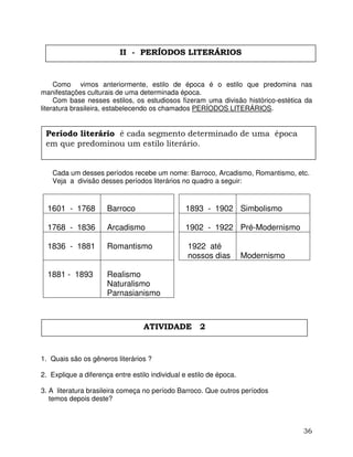 36
Como vimos anteriormente, estilo de época é o estilo que predomina nas
manifestações culturais de uma determinada época.
Com base nesses estilos, os estudiosos fizeram uma divisão histórico-estética da
literatura brasileira, estabelecendo os chamados PERÍODOS LITERÁRIOS.
Cada um desses períodos recebe um nome: Barroco, Arcadismo, Romantismo, etc.
Veja a divisão desses períodos literários no quadro a seguir:
1601 - 1768 Barroco 1893 - 1902 Simbolismo
1768 - 1836 Arcadismo 1902 - 1922 Pré-Modernismo
1836 - 1881 Romantismo 1922 até
nossos dias Modernismo
1881 - 1893 Realismo
Naturalismo
Parnasianismo
1. Quais são os gêneros literários ?
2. Explique a diferença entre estilo individual e estilo de época.
3. A literatura brasileira começa no período Barroco. Que outros períodos
temos depois deste?
II - PERÍODOS LITERÁRIOS
Período literário é cada segmento determinado de uma época
em que predominou um estilo literário.
ATIVIDADE 2
 