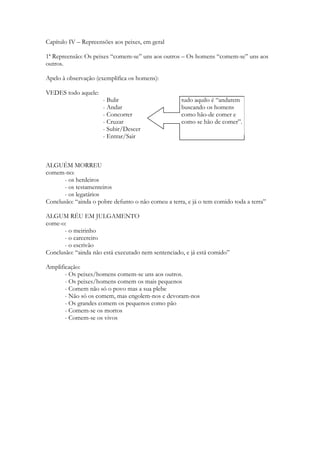 Capítulo IV – Repreensões aos peixes, em geral
1ª Repreensão: Os peixes “comem-se” uns aos outros – Os homens “comem-se” uns aos
outros.
Apelo à observação (exemplifica os homens):
VEDES todo aquele:
- Bulir
- Andar
- Concorrer
- Cruzar
- Subir/Descer
- Entrar/Sair
ALGUÉM MORREU
comem-no:
- os herdeiros
- os testamenteiros
- os legatários
Conclusão: “ainda o pobre defunto o não comeu a terra, e já o tem comido toda a terra”
ALGUM RÉU EM JULGAMENTO
come-o:
- o meirinho
- o carcereiro
- o escrivão
Conclusão: “ainda não está executado nem sentenciado, e já está comido”
Amplificação:
- Os peixes/homens comem-se uns aos outros.
- Os peixes/homens comem os mais pequenos
- Comem não só o povo mas a sua plebe
- Não só os comem, mas engolem-nos e devoram-nos
- Os grandes comem os pequenos como pão
- Comem-se os mortos
- Comem-se os vivos
tudo aquilo é “andarem
buscando os homens
como hão-de comer e
como se hão de comer”.
 