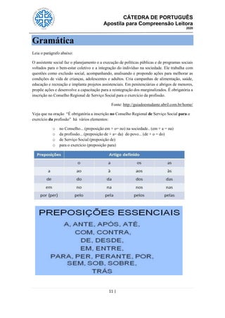 CÁTEDRA DE PORTUGUÊS
Apostila para Compreensão Leitora
2020
11 |
Gramática
Leia o parágrafo abaixo:
O assistente social faz o planejamento e a execução de políticas públicas e de programas sociais
voltados para o bem-estar coletivo e a integração do indivíduo na sociedade. Ele trabalha com
questões como exclusão social, acompanhando, analisando e propondo ações para melhorar as
condições de vida de crianças, adolescentes e adultos. Cria campanhas de alimentação, saúde,
educação e recreação e implanta projetos assistenciais. Em penitenciárias e abrigos de menores,
propõe ações e desenvolve a capacitação para a reintegração dos marginalizados. É obrigatória a
inscrição no Conselho Regional de Serviço Social para o exercício da profissão.
Fonte: http://guiadoestudante.abril.com.br/home/
Veja que na oração ―É obrigatória a inscrição no Conselho Regional de Serviço Social para o
exercício da profissão‖ há vários elementos:
o no Conselho... (preposição em + o= no) na sociedade.. (em + a = na)
o da profissão... (preposição de + a= da) do povo... (de + o = do)
o de Serviço Social (preposição de)
o para o exercício (preposição para)
 