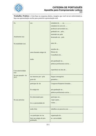CÁTEDRA DE PORTUGUÊS
Apostila para Compreensão Leitora
2020
13 |
Trabalho Prático : Com base no esquema abaixo, imagine que você vai ser entrevistado/a,
faça sua apresentação escrita para posterior apresentação oral.
Eu
Atualmente (eu)
Na atualidade (eu)
Com anterioridade
(eu)
No ano passado / de
2013
No ano próximo
sou
estou fazendo estágio de
tenho
estudante de…….na………….
estudante do curso de…..
professor universitário na…
graduado em…pela…
mestrado em..pela
doutorado em…pela
autor de…
membro de…
Diretor de
Conselheiro de…
pós-graduação na…
práticas profissionais em/na….
experiência na área de…
….
me interesso por / pela
gosto de
línguas estrangeiras
gramática…
participei do /da
fiz estágio de
Congresso/Simpósio/Jornadas…
pós-graduação na…
práticas profissionais em/na….
fui selecionado para
tive a oportunidade de
participar em…
viajar a/para…
visitar….
tenho feito trabalhos em parceria com …….
vou participar em /na
farei um estágio de pós-
graduação
organização de…
na universidade
 