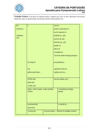 CÁTEDRA DE PORTUGUÊS
Apostila para Compreensão Leitora
2020
21 |
Trabalho Prático: Com base no esquema abaixo, imagine que você vai deve apresentar uma pessoa
importante, faça sua apresentação escrita para posterior apresentação oral.
 