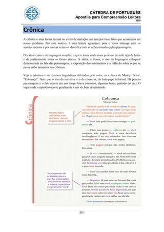 CÁTEDRA DE PORTUGUÊS
Apostila para Compreensão Leitora
2020
29 |
Crônica
A crônica é uma forma textual no estilo de narração que tem por base fatos que acontecem em
nosso cotidiano. Por este motivo, é uma leitura agradável, pois o leitor interage com os
acontecimentos e por muitas vezes se identifica com as ações tomadas pelas personagens.
O texto é curto e de linguagem simples, o que o torna ainda mais próximo de todo tipo de leitor
e de praticamente todas as faixas etárias. A sátira, a ironia, o uso da linguagem coloquial
demonstrada na fala das personagens, a exposição dos sentimentos e a reflexão sobre o que se
passa estão presentes nas crônicas.
Veja a estrutura e os recursos linguísticos utilizados pelo autor, na crônica de Moacyr Scliar,
―Cobrança‖: Note que o tom da narrativa é o da conversa, do bate-papo informal. Há poucas
personagens e o fato ocorre em um tempo breve (minutos, algumas horas, período do dia). O
lugar onde o episódio ocorre geralmente é um só, bem determinado.
 
