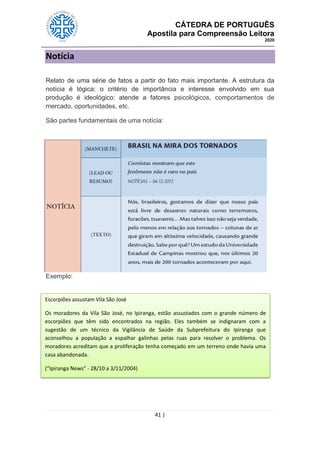 CÁTEDRA DE PORTUGUÊS
Apostila para Compreensão Leitora
2020
41 |
Notícia
Relato de uma série de fatos a partir do fato mais importante. A estrutura da
notícia é lógica; o critério de importância e interesse envolvido em sua
produção é ideológico: atende a fatores psicológicos, comportamentos de
mercado, oportunidades, etc.
São partes fundamentais de uma notícia:
Exemplo:
Escorpiões assustam Vila São José
Os moradores da Vila São José, no Ipiranga, estão assustados com o grande número de
escorpiões que têm sido encontrados na região. Eles também se indignaram com a
sugestão de um técnico da Vigilância de Saúde da Subprefeitura do Ipiranga que
aconselhou a população a espalhar galinhas pelas ruas para resolver o problema. Os
moradores acreditam que a proliferação tenha começado em um terreno onde havia uma
casa abandonada.
(“Ipiranga News” - 28/10 a 3/11/2004)
 