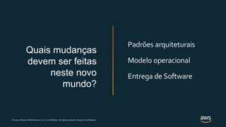 © 2019, Amazon Web Services, Inc. or its Affiliates. All rights reserved. Amazon Confidential
Quais mudanças
devem ser feitas
neste novo
mundo?
Padrões arquiteturais
Modelo operacional
Entrega de Software
 