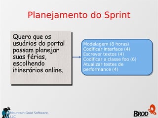 Planejamento do Sprint Quero que os usuários do portal possam planejar suas férias, escolhendo itinerários online. Modelagem (8 horas)‏ Codificar interface (4)‏ Escrever textos (4)‏ Codificar a classe foo (6)‏ Atualizar testes de performance (4)‏ 