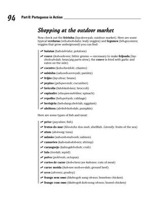 94   Part II: Portuguese in Action


                Shopping at the outdoor market
                Now check out the feirinha (fay-deen-yah; outdoor market). Here are some
                typical verduras (veh-dooh-dahz; leafy veggies) and legumes (leh-goo-meez;
                veggies that grow underground) you can find:

                     batatas (bah-tah-tahz; potatoes)
                     couve (koh-ooh-vee; bitter greens — necessary to make feijoada [fay-
                     zhoh-ah-dah; bean/pig parts stew]; the couve is fried with garlic and
                     eaten on the side)
                     coentro (koh-ehn-tdoh; cilantro)
                     salsinha (sah-ooh-seen-yah; parsley)
                     feijão (fay-zhow; beans)
                     pepino (peh-pee-noh; cucumber)
                     brócolis (bdoh-koh-leez; broccoli)
                     espinafre (ehs-pee-nah-fdee; spinach)
                     repolho (heh-pol-yoh; cabbage)
                     berinjela (beh-dang-zheh-lah; eggplant)
                     abóbora (ah-boh-boh-dah; pumpkin)

                Here are some types of fish and meat:

                     peixe (pay-shee; fish)
                     frutos do mar (fdoo-tohz doo mah; shellfish. Literally: fruits of the sea)
                     atum (ah-toong; tuna)
                     salmão (sah-ooh-mah-ooh; salmon)
                     camarões (kah-mah-doh-eez; shrimp)
                     caranguejo (kahn-gdeh-zhoh; crab)
                     lula (loo-lah; squid)
                     polvo (pohl-voh; octopus)
                     cortes de carne (koh-cheez jee kah-nee; cuts of meat)
                     carne moída (kah-nee moh-ee-dah; ground beef)
                     aves (ah-veez; poultry)
                     frango sem osso (fdahn-goh sang oh-soo; boneless chicken)
                     frango com osso (fdahn-goh koh-oong oh-soo; boned chicken)
 