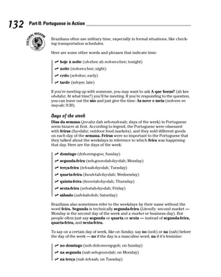132   Part II: Portuguese in Action


                 Brazilians often use military time, especially in formal situations, like check-
                 ing transportation schedules.

                 Here are some other words and phrases that indicate time:

                      hoje à noite (oh-zhee ah noh-ee-chee; tonight)
                      noite (noh-ee-chee; night)
                      cedo (seh-doo; early)
                      tarde (tah-jee; late)

                 If you’re meeting up with someone, you may want to ask A que horas? (ah kee
                 oh-dahz; At what time?) you’ll be meeting. If you’re responding to the question,
                 you can leave out the são and just give the time: As nove e meia (noh-vee ee
                 may-ah; 9:30).

                 Days of the week
                 Dias da semana (jee-ahz dah seh-mah-nah; days of the week) in Portuguese
                 seem bizarre at first. According to legend, the Portuguese were obsessed
                 with feiras (fay-dahz; outdoor food markets), and they sold different goods
                 on each day of the semana. Feiras were so important to the Portuguese that
                 they talked about the weekdays in reference to which feira was happening
                 that day. Here are the days of the week:

                      domingo (doh-ming-goo; Sunday)
                      segunda-feira (seh-goon-dah-fay-dah; Monday)
                      terça-feira (teh-sah-fay-dah; Tuesday)
                      quarta-feira (kwah-tah-fay-dah; Wednesday)
                      quinta-feira (keen-tah-fay-dah; Thursday)
                      sexta-feira (seh-stah-fay-dah; Friday)
                      sábado (sah-bah-doh; Saturday)

                 Brazilians also sometimes refer to the weekdays by their name without the
                 word feira. Segunda is technically segunda-feira (Literally: second market —
                 Monday is the second day of the week and a market or business day). But
                 people often just say segunda or quarta or sexta — instead of segunda-feira,
                 quarta-feira, and sexta-feira.

                 To say on a certain day of week, like on Sunday, say no (noh) or na (nah) before
                 the day of the week — no if the day is a masculine word, na if it’s feminine:

                      no domingo (noh doh-meeng-goh; on Sunday)
                      na segunda (nah seh-goon-dah; on Monday)
                      na terça (nah teh-sah; on Tuesday)
 