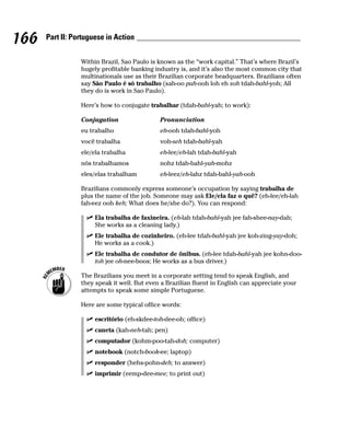 166   Part II: Portuguese in Action


                 Within Brazil, Sao Paulo is known as the “work capital.” That’s where Brazil’s
                 hugely profitable banking industry is, and it’s also the most common city that
                 multinationals use as their Brazilian corporate headquarters. Brazilians often
                 say São Paulo é só trabalho (sah-oo pah-ooh loh eh soh tdah-bahl-yoh; All
                 they do is work in Sao Paulo).

                 Here’s how to conjugate trabalhar (tdah-bahl-yah; to work):

                 Conjugation                 Pronunciation
                 eu trabalho                 eh-ooh tdah-bahl-yoh
                 você trabalha               voh-seh tdah-bahl-yah
                 ele/ela trabalha            eh-lee/eh-lah tdah-bahl-yah
                 nós trabalhamos             nohz tdah-bahl-yah-mohz
                 eles/elas trabalham         eh-leez/eh-lahz tdah-bahl-yah-ooh

                 Brazilians commonly express someone’s occupation by saying trabalha de
                 plus the name of the job. Someone may ask Ele/ela faz o quê? (eh-lee/eh-lah
                 fah-eez ooh keh; What does he/she do?). You can respond:

                      Ela trabalha de faxineira. (eh-lah tdah-bahl-yah jee fah-shee-nay-dah;
                      She works as a cleaning lady.)
                      Ele trabalha de cozinheiro. (eh-lee tdah-bahl-yah jee koh-zing-yay-doh;
                      He works as a cook.)
                      Ele trabalha de condutor de ônibus. (eh-lee tdah-bahl-yah jee kohn-doo-
                      toh jee oh-nee-boos; He works as a bus driver.)

                 The Brazilians you meet in a corporate setting tend to speak English, and
                 they speak it well. But even a Brazilian fluent in English can appreciate your
                 attempts to speak some simple Portuguese.

                 Here are some typical office words:

                      escritório (eh-skdee-toh-dee-oh; office)
                      caneta (kah-neh-tah; pen)
                      computador (kohm-poo-tah-doh; computer)
                      notebook (notch-book-ee; laptop)
                      responder (hehs-pohn-deh; to answer)
                      imprimir (eemp-dee-mee; to print out)
 