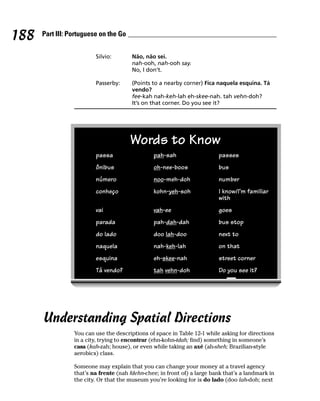 188   Part III: Portuguese on the Go


                         Silvio:        Não, não sei.
                                        nah-ooh, nah-ooh say.
                                        No, I don’t.

                         Passerby:      (Points to a nearby corner) Fica naquela esquina. Tá
                                        vendo?
                                        fee-kah nah-keh-lah eh-skee-nah. tah vehn-doh?
                                        It’s on that corner. Do you see it?




                                       Words to Know
                         passa                  pah-sah                   passes
                         ônibus                 oh-nee-boos               bus
                         número                 noo-meh-doh               number
                         conheço                kohn-yeh-soh              I know/I’m familiar
                                                                          with
                         vai                    vah-ee                    goes
                         parada                 pah-dah-dah               bus stop
                         do lado                doo lah-doo               next to
                         naquela                nah-keh-lah               on that
                         esquina                eh-skee-nah               street corner
                         Tá vendo?              tah vehn-doh              Do you see it?




      Understanding Spatial Directions
                 You can use the descriptions of space in Table 12-1 while asking for directions
                 in a city, trying to encontrar (ehn-kohn-tdah; find) something in someone’s
                 casa (kah-zah; house), or even while taking an axé (ah-sheh; Brazilian-style
                 aerobics) class.

                 Someone may explain that you can change your money at a travel agency
                 that’s na frente (nah fdehn-chee; in front of) a large bank that’s a landmark in
                 the city. Or that the museum you’re looking for is do lado (doo lah-doh; next
 