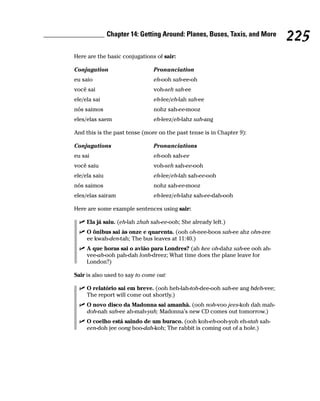 Chapter 14: Getting Around: Planes, Buses, Taxis, and More
                                                                               225
Here are the basic conjugations of sair:

Conjugation                     Pronunciation
eu saio                         eh-ooh sah-ee-oh
você sai                        voh-seh sah-ee
ele/ela sai                     eh-lee/eh-lah sah-ee
nós saimos                      nohz sah-ee-mooz
eles/elas saem                  eh-leez/eh-lahz sah-ang

And this is the past tense (more on the past tense is in Chapter 9):

Conjugations                    Pronunciations
eu sai                          eh-ooh sah-ee
você saiu                       voh-seh sah-ee-ooh
ele/ela saiu                    eh-lee/eh-lah sah-ee-ooh
nós saimos                      nohz sah-ee-mooz
eles/elas sairam                eh-leez/eh-lahz sah-ee-dah-ooh

Here are some example sentences using sair:

     Ela já saiu. (eh-lah zhah sah-ee-ooh; She already left.)
     O ônibus sai às onze e quarenta. (ooh oh-nee-boos sah-ee ahz ohn-zee
     ee kwah-den-tah; The bus leaves at 11:40.)
     A que horas sai o avião para Londres? (ah kee oh-dahz sah-ee ooh ah-
     vee-ah-ooh pah-dah lonh-dreez; What time does the plane leave for
     London?)

Sair is also used to say to come out:

     O relatório sai em breve. (ooh heh-lah-toh-dee-ooh sah-ee ang bdeh-vee;
     The report will come out shortly.)
     O novo disco da Madonna sai amanhã. (ooh noh-voo jees-koh dah mah-
     doh-nah sah-ee ah-mah-yah; Madonna’s new CD comes out tomorrow.)
     O coelho está saindo de um buraco. (ooh koh-eh-ooh-yoh eh-stah sah-
     een-doh jee oong boo-dah-koh; The rabbit is coming out of a hole.)
 