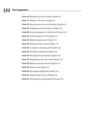332   Part V: Appendixes


                Track 16: Planning to go to the movies (Chapter 8)

                Track 17: Talking on the phone (Chapter 9)

                Track 18: Discussing vacation over the phone (Chapter 9)

                Track 19: Trading personal information (Chapter 10)

                Track 20: Instant messaging over the Internet (Chapter 10)

                Track 21: Getting change for $100 (Chapter 11)

                Track 22: Making a big purchase (Chapter 11)

                Track 23: Asking about bus routes (Chapter 12)

                Track 24: Looking for a shopping mall (Chapter 12)

                Track 25: Checking on distances (Chapter 12)

                Track 26: Discussing sleep schedules (Chapter 13)

                Track 27: Talking about who owns what (Chapter 13)

                Track 28: Making travel reservations (Chapter 14)

                Track 29: Hiring a taxi (Chapter 14)

                Track 30: Discussing waiting times (Chapter 14)

                Track 31: Asking vacation advice (Chapter 15)

                Track 32: Checking and choosing airlines (Chapter 15)
 