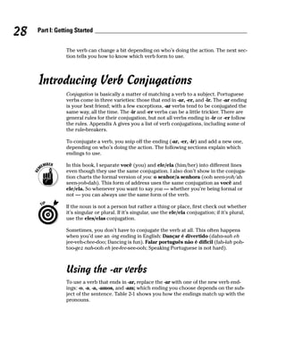 28   Part I: Getting Started


                The verb can change a bit depending on who’s doing the action. The next sec-
                tion tells you how to know which verb form to use.




     Introducing Verb Conjugations
                Conjugation is basically a matter of matching a verb to a subject. Portuguese
                verbs come in three varieties: those that end in -ar, -er, and -ir. The -ar ending
                is your best friend; with a few exceptions, -ar verbs tend to be conjugated the
                same way, all the time. The -ir and -er verbs can be a little trickier. There are
                general rules for their conjugation, but not all verbs ending in -ir or -er follow
                the rules. Appendix A gives you a list of verb conjugations, including some of
                the rule-breakers.

                To conjugate a verb, you snip off the ending (-ar, -er, -ir) and add a new one,
                depending on who’s doing the action. The following sections explain which
                endings to use.

                In this book, I separate você (you) and ele/ela (him/her) into different lines
                even though they use the same conjugation. I also don’t show in the conjuga-
                tion charts the formal version of you: o senhor/a senhora (ooh seen-yoh/ah
                seen-yoh-dah). This form of address uses the same conjugation as você and
                ele/ela. So whenever you want to say you — whether you’re being formal or
                not — you can always use the same form of the verb.

                If the noun is not a person but rather a thing or place, first check out whether
                it’s singular or plural. If it’s singular, use the ele/ela conjugation; if it’s plural,
                use the eles/elas conjugation.

                Sometimes, you don’t have to conjugate the verb at all. This often happens
                when you’d use an -ing ending in English: Dançar é divertido (dahn-sah eh
                jee-veh-chee-doo; Dancing is fun). Falar português não é dificil (fah-lah poh-
                too-gez nah-ooh eh jee-fee-see-ooh; Speaking Portuguese is not hard).



                Using the -ar verbs
                To use a verb that ends in -ar, replace the -ar with one of the new verb end-
                ings: -o, -a, -a, -amos, and -am; which ending you choose depends on the sub-
                ject of the sentence. Table 2-1 shows you how the endings match up with the
                pronouns.
 