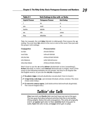 __________ Chapter 2: The Nitty-Gritty: Basic Portuguese Grammar and Numbers
                                                                                             29
            Table 2-1               Verb Endings to Use with -ar Verbs
            English Pronoun          Portuguese Pronoun             Verb Ending
            I                        eu                             -o
            you                      você                           -a
            he/she                   ele/ela                        -a
            we                       nós                            -amos
            they                     eles/elas                      -am


         Take, for example, the verb falar (fah-lah; to talk/speak). First remove the -ar
         ending. You now have fal, which is the root or stem of the word. Now just add
         the proper verb endings:

         Conjugation                        Pronunciation
         eu falo                            eh-ooh fah-loo
         você fala                          voh-seh fah-lah
         ele/ela fala                       eh-lee/eh-lah fah-lah
         nós falamos                        nohz fah-lah-mooz
         eles/elas falam                    eh-leez/eh-lahz fah-lam

         Here’s how to use the -ar verbs adorar (ah-doh-dah; to love [something]),
         fechar (feh-shah; to close), and começar (koh-meh-sah; to begin). Some of the
         nouns in the following examples are not people, but they’re all singular like
         the English word it, so you use the ele/ela conjugation:

                Eu adoro viajar. (eh-ooh ah-doh-doo vee-ah-zhah; I love to travel.)
                A loja fecha cedo hoje. (ah loh-zhah feh-shah seh-doo oh-zhee; The store
                closes early today.)
                O concerto começa agora. (ooh kohn-seh-too koh-meh-sah ah-goh-dah;
                The concert begins now.)



                                Talkin’ the Talk
                   Vitor (vee-toh) and Danilo (dah-nee-loo) have just met at the gym.
                   The two guys chat about physical activities they like to do besides
                   lifting weights. Notice the verb conjugations. The verbs all originally
                   end in -ar: gostar (goh-stah; to like), caminhar (kah-ming-yah; to
                   walk), fazer (fah-zeh; to do), and jogar (zhoh-gah; to play).
 