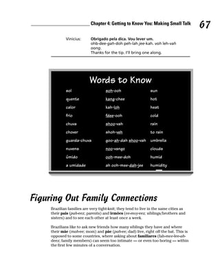 ________________________ Chapter 4: Getting to Know You: Making Small Talk
                                                                                           67
                 Vinicius:      Obrigado pela dica. Vou lever um.
                                ohb-dee-gah-doh peh-lah jee-kah. voh leh-vah
                                oong.
                                Thanks for the tip. I’ll bring one along.




                               Words to Know
                 sol                     soh-ooh                   sun
                 quente                  kang-chee                 hot
                 calor                   kah-loh                   heat
                 frio                    fdee-ooh                  cold
                 chuva                   shoo-vah                  rain
                 chover                  shoh-veh                  to rain
                 guarda-chuva            goo-ah-dah shoo-vah umbrella
                 nuvens                  noo-vangz                 clouds
                 úmido                   ooh-mee-doh               humid
                 a umidade               ah ooh-mee-dah-jee        humidity




Figuring Out Family Connections
         Brazilian families are very tight-knit; they tend to live in the same cities as
         their pais (pah-eez; parents) and irmões (ee-moy-eez; siblings/brothers and
         sisters) and to see each other at least once a week.

         Brazilians like to ask new friends how many siblings they have and where
         their mãe (mah-ee; mom) and pãe (pah-ee; dad) live, right off the bat. This is
         opposed to some countries, where asking about familiares (fah-mee-lee-ah-
         deez; family members) can seem too intimate — or even too boring — within
         the first few minutes of a conversation.
 