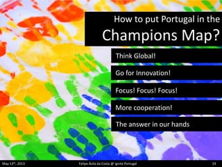 How to put Portugal in the
Champions Map?
The answer in our hands
May 13th, 2013 Felipe Ávila da Costa @ Ignite Portugal 19
Think Global!
More cooperation!
Go for Innovation!
Focus! Focus! Focus!
 