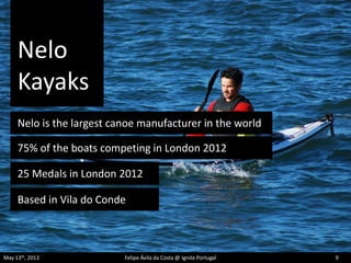 Nelo
Kayaks
May 13th, 2013 Felipe Ávila da Costa @ Ignite Portugal 9
Nelo is the largest canoe manufacturer in the world
75% of the boats competing in London 2012
Based in Vila do Conde
25 Medals in London 2012
 