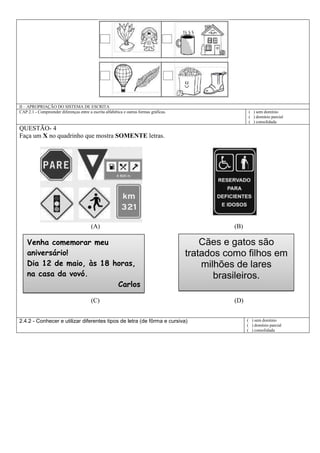 II – APROPRIAÇÃO DO SISTEMA DE ESCRITA
CAP.2.1 - Compreender diferenças entre a escrita alfabética e outras formas gráficas. ( ) sem domínio
( ) domínio parcial
( ) consolidada
QUESTÃO- 4
Faça um X no quadrinho que mostra SOMENTE letras.
(A) (B)
(C) (D)
2.4.2 - Conhecer e utilizar diferentes tipos de letra (de fôrma e cursiva) ( ) sem domínio
( ) domínio parcial
( ) consolidada
Venha comemorar meu
aniversário!
Dia 12 de maio, às 18 horas,
na casa da vovó.
Carlos
Cães e gatos são
tratados como filhos em
milhões de lares
brasileiros.
 