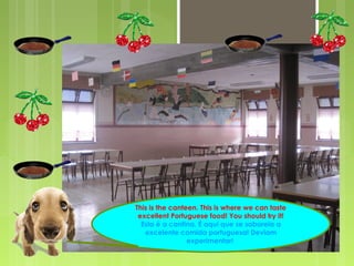 This is the canteen. This is where we can taste 
excellent Portuguese food! You should try it! 
Esta é a cantina. É aqui que se saboreia a 
excelente comida portuguesa! Deviam 
experimentar! 
 
