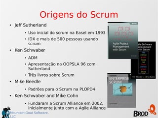 Mountain Goat Software,
LLC
Origens do Scrum
● Jeff Sutherland
● Uso inicial do scrum na Easel em 1993
● IDX e mais de 500 pessoas usando
scrum
● Ken Schwaber
● ADM
● Apresentação na OOPSLA 96 com
Sutherland
● Três livros sobre Scrum
● Mike Beedle
● Padrões para o Scrum na PLOPD4
● Ken Schwaber and Mike Cohn
● Fundaram a Scrum Alliance em 2002,
inicialmente junto com a Agile Alliance
 