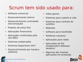 Mountain Goat Software,
LLC
Scrum tem sido usado para:
● Software comercial
● Desenvolvimento interno
● Desenvolvimento contratado
(terceirização)
● Projetos de preço fixo
● Aplicações Financeiras
● Aplicações certificadas pela
isso 9001
● Sistemas embarcados
● Sistemas disponíveis 24x7
● Desenvolvimento por hackers
solitários
● Video games
● Sistemas para suporte à vida
● Sistemas para controle de
satélites
● Websites
● Software para handhelds
● Telefones celulares
● Aplicações para redes
● Aplicações de ISV
(Independent Software
Vendors)
● Algumas das maiores
aplicações em produção
 