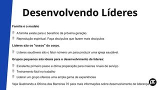 Desenvolvendo Líderes
Família é o modelo
 A família existe para o benefício da próxima geração.
 Reprodução espiritual. Faça discípulos que fazem mais discípulos
Líderes são os "ossos" do corpo.
 Líderes saudáveis ​
​
são o fator número um para produzir uma igreja saudável.
Grupos pequenos são ideais para o desenvolvimento de líderes:
 Excelente primeiro passo e ótima preparação para maiores níveis de serviço
 Treinamento fácil no trabalho
 Liderar um grupo oferece uma ampla gama de experiências
Veja Quebrando a Oficina das Barreiras 70 para mais informações sobre desenvolvimento de liderança
 