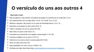 O versículo do uns aos outros 4
Aqui está o resto:
 Não se julguem e não ponham uma pedra de tropeço no caminho de um irmão (Ro 14:13)
 Se cumprimentem com um beijo (Rom 16:16; 1 Co 16:20; 2 Co 13:12)
 Maridos e esposas: não privem um ao outro da intimidade física (1 Co 7: 5)
 Suportem os encargos uns dos outros (Gl 6: 2)
 Falem a verdade uns com os outros (Ef 4:25)
 Não minta um para o outro (Col 3: 9)
 Consolam-se mutuamente com relação à ressurreição (1 Ts 4:18)
 Incentive e edifique um ao outro (1 Ts 5:11)
 Estimule um ao outro a amar e a boas ações (Hb 10:24)
 Orem um pelo outro (Tg 5:16)
 Seja hospitaleiro um com o outro (1 Pedro 4: 9)
 Da Bíblia da Visão Geral https:https://overviewbible.com/one-another-infographic/
 