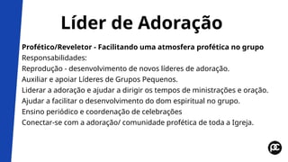 Líder de Adoração
Profético/Reveletor - Facilitando uma atmosfera profética no grupo
Responsabilidades:
Reprodução - desenvolvimento de novos líderes de adoração.
Auxiliar e apoiar Líderes de Grupos Pequenos.
Liderar a adoração e ajudar a dirigir os tempos de ministrações e oração.
Ajudar a facilitar o desenvolvimento do dom espiritual no grupo.
Ensino periódico e coordenação de celebrações
Conectar-se com a adoração/ comunidade profética de toda a Igreja.
 
